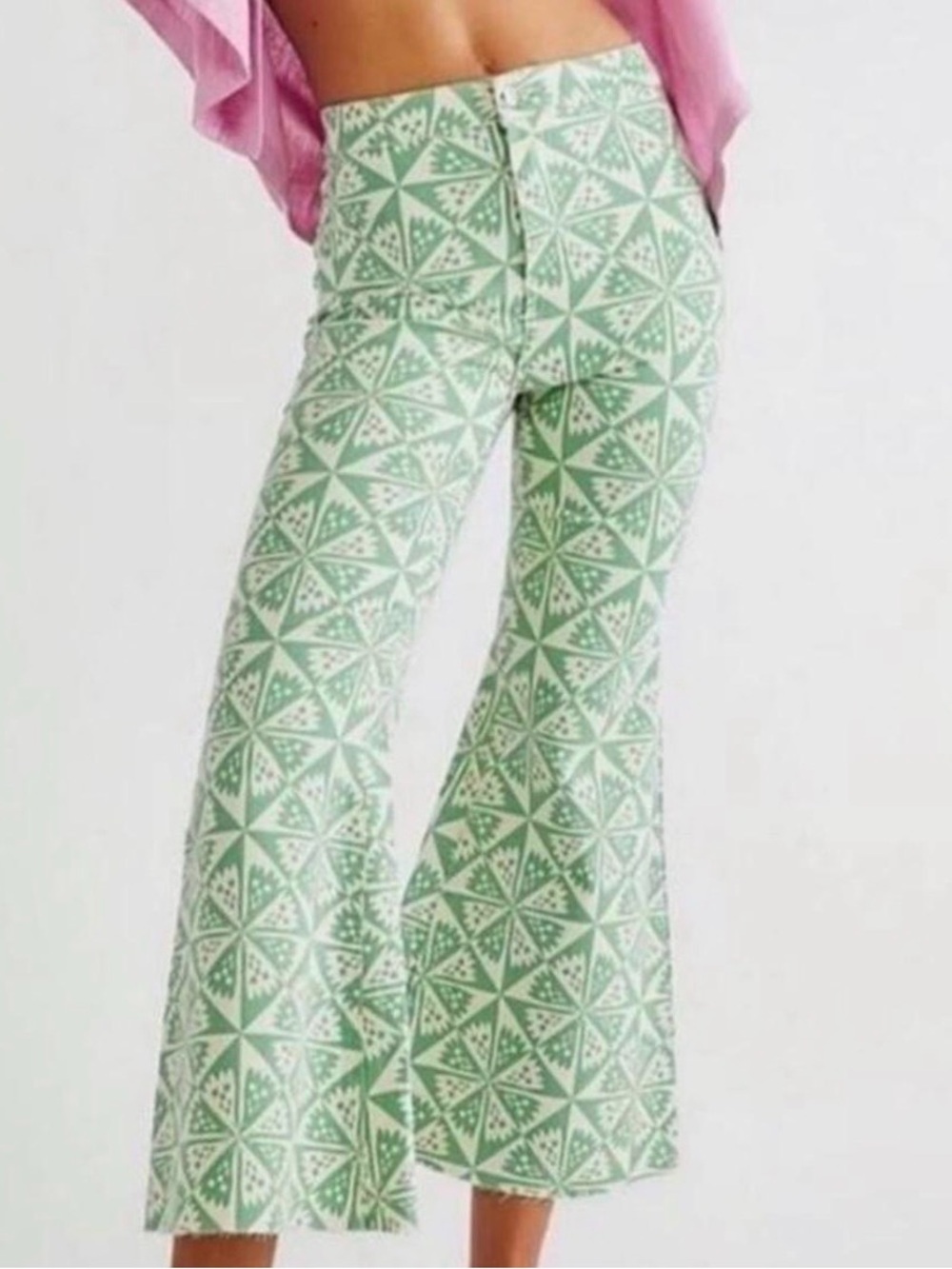 Free People Green & White Geometric Cropped Flare Jeans